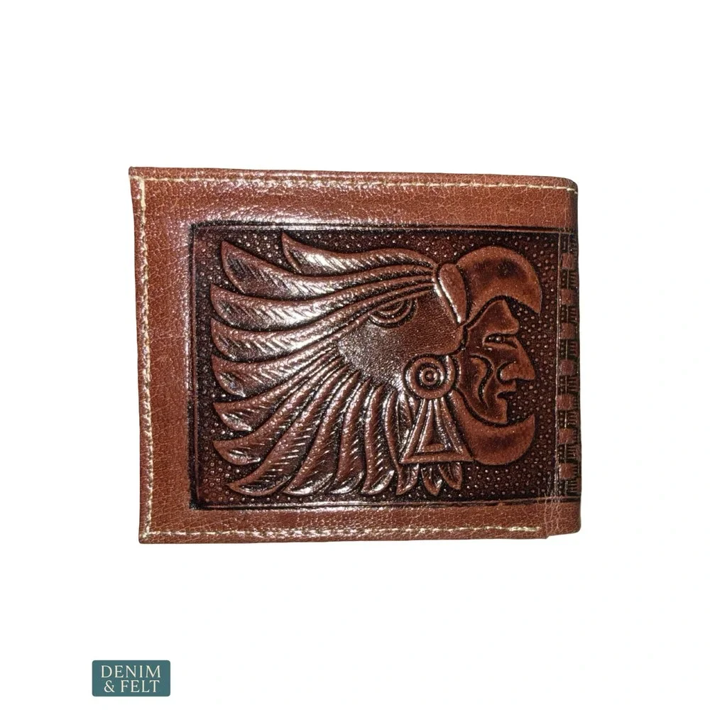 NEW Handmade Leather Aztec Calendar Bifold Wallet Western Cowboy Tooled Brown